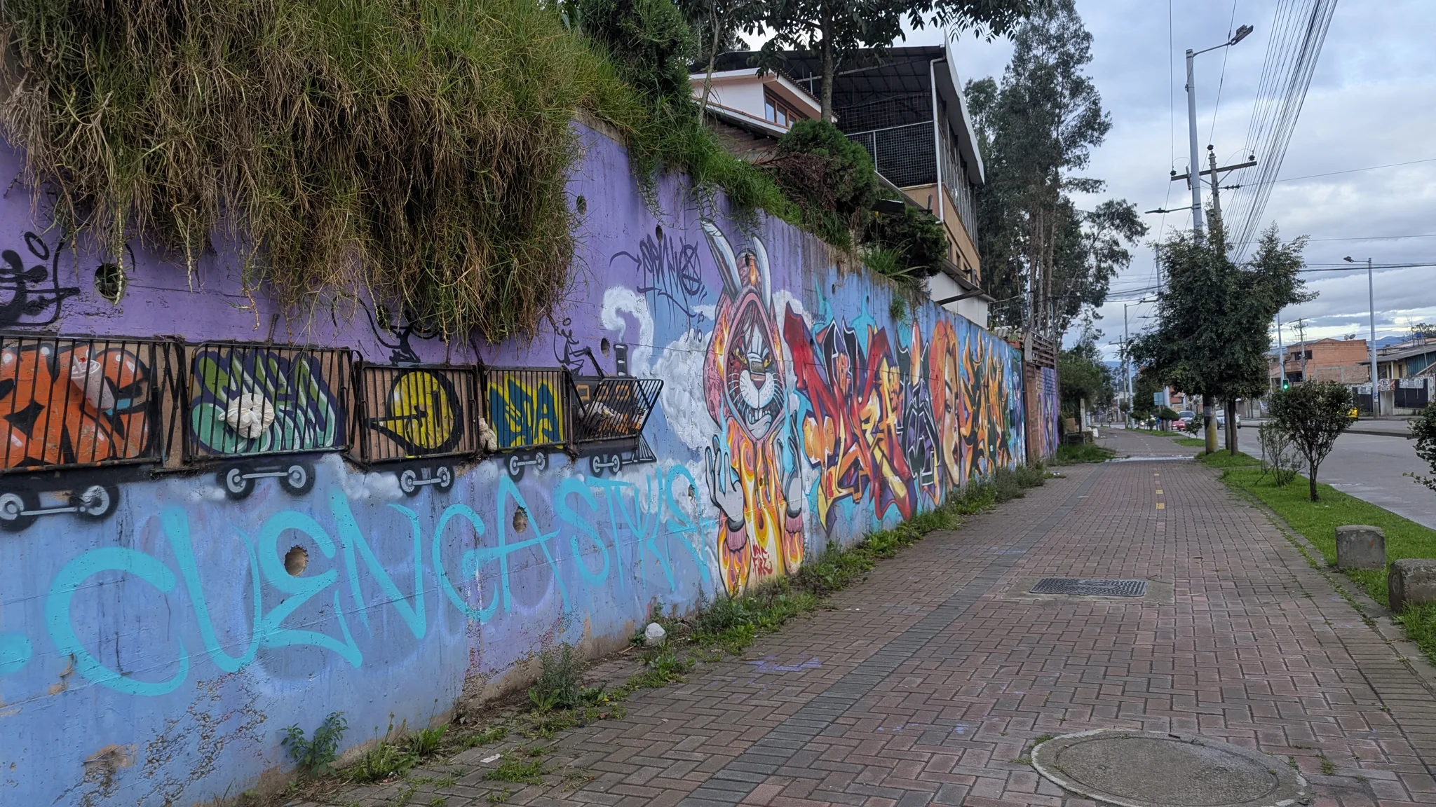 Un mural colorido recorre una acera y una calle.