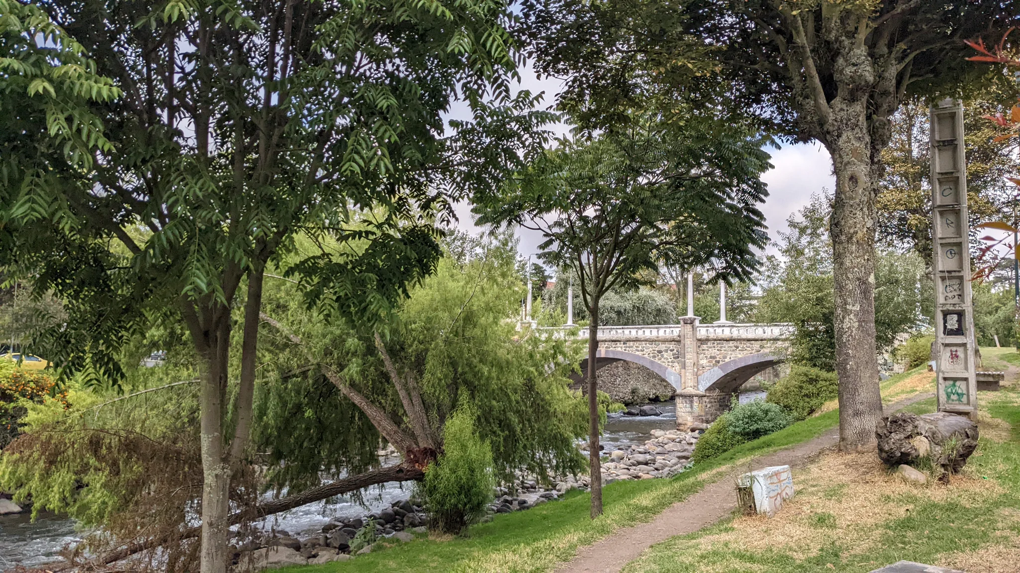 Una quebrada y un paseo recorren un parque verde bajo árboles altos.
