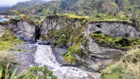 El agua cae sobre rocas estratificadas en un valle verde de altura.