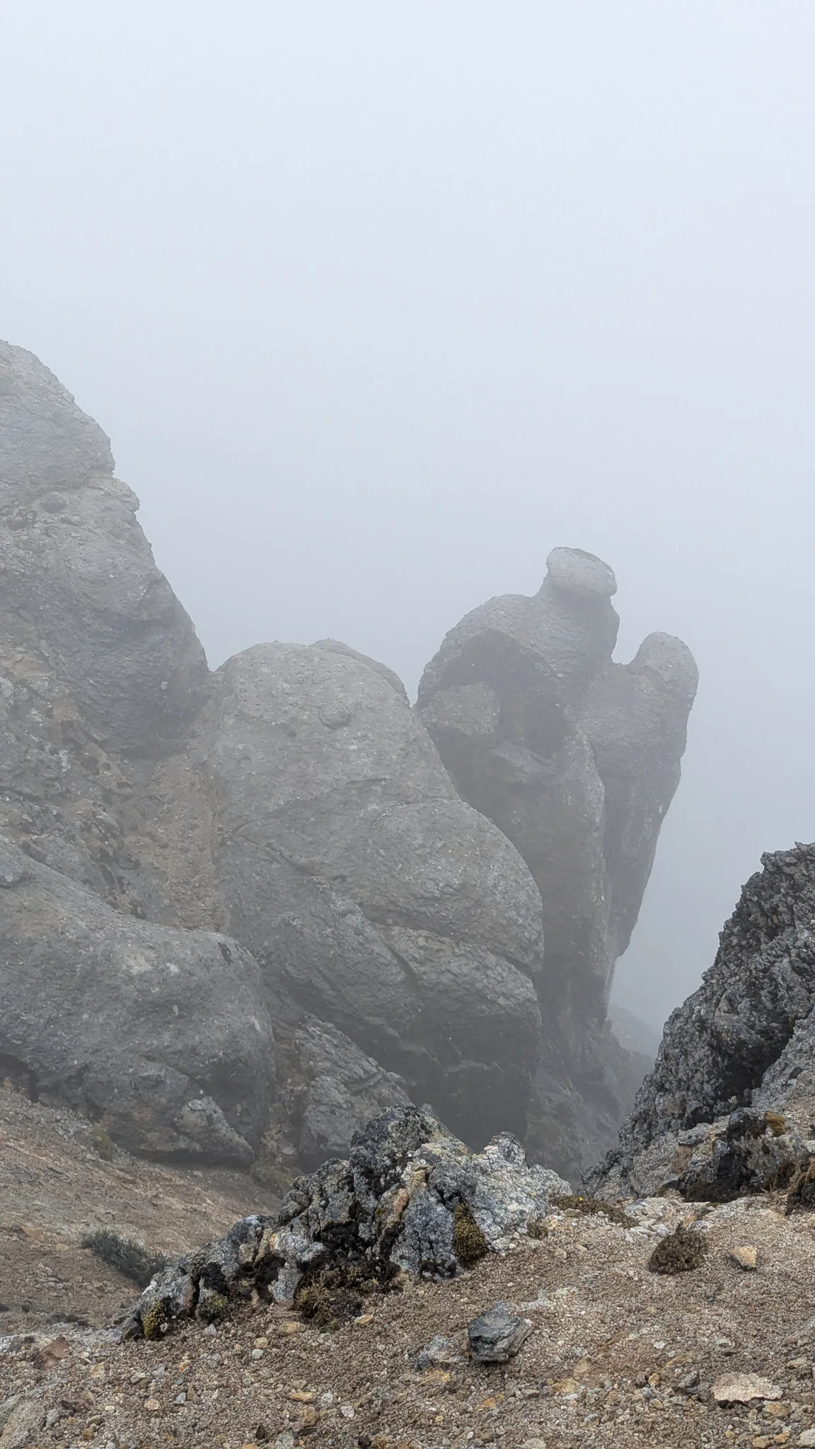 Un pináculo estrecho de roca se alza junto a losas fracturadas y se pierde en la niebla.