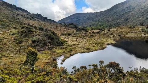 Una poza bajo montañas cubiertas de nubes. El nombre del cuerpo de agua sigue sin confirmarse.