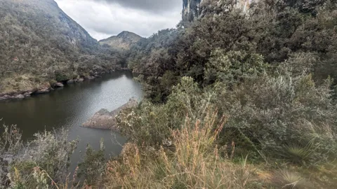 Una laguna estrecha entre laderas arbustivas. El nombre del cuerpo de agua sigue sin confirmarse.