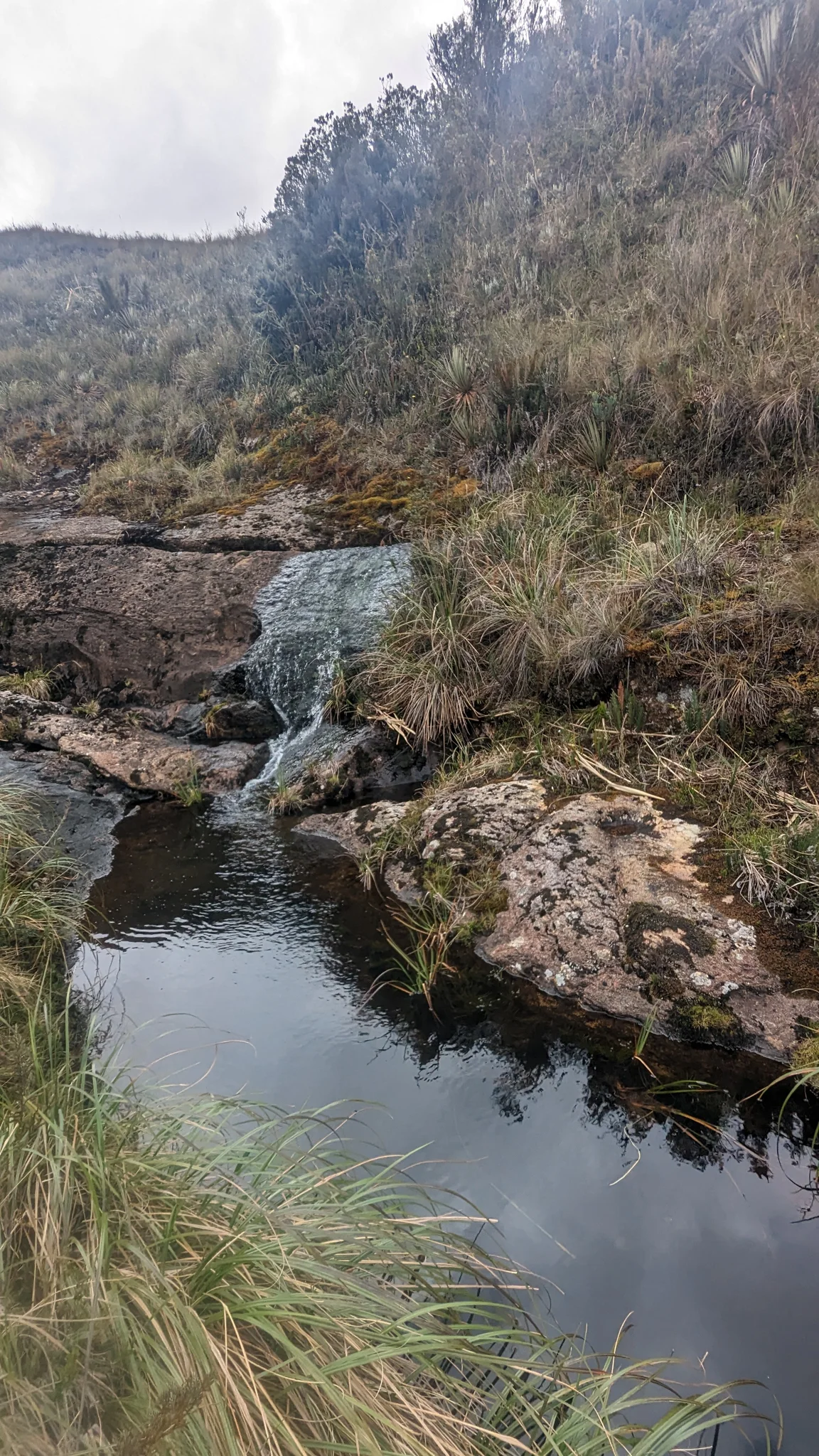 Una laguna estrecha en un corredor rocoso. El nombre del cuerpo de agua sigue sin confirmarse.