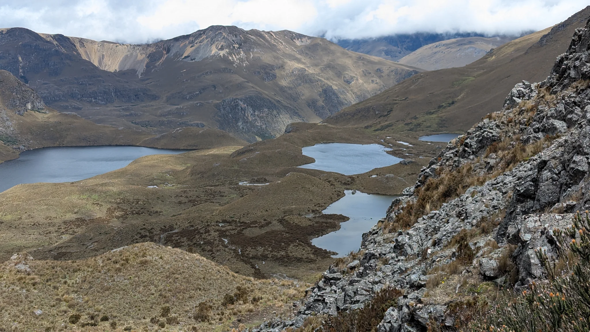Varias lagunas de altura y márgenes sinuosos de humedal se extienden por la cuenca bajo un mirador rocoso. Los nombres de cada laguna siguen sin resolverse.