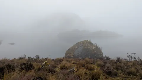 Una gran roca sobre una laguna entre niebla. El nombre del cuerpo de agua sigue sin confirmarse.