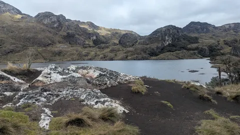 Rocas con vetas blancas en primer plano conducen la mirada sobre la laguna Toreadora hacia los filos de páramo que la rodean.