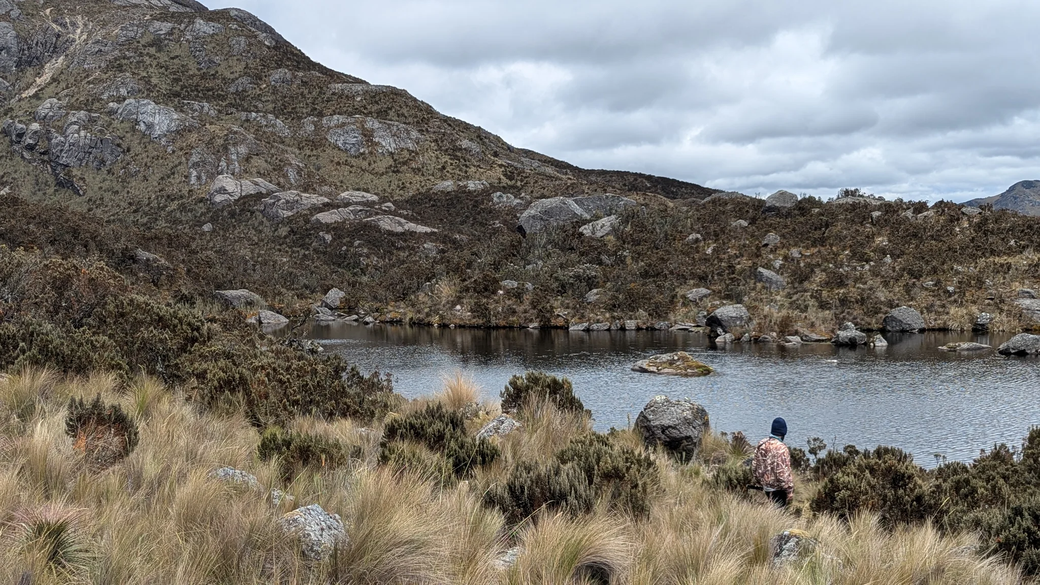 Un caminante junto a una laguna pequeña.