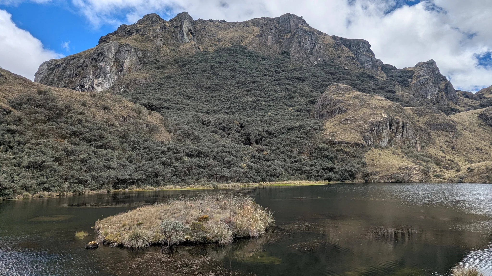 Un pequeño islote de pajonal se encuentra bajo una gran pared rocosa en Lagunas Unidas. La cumbre del fondo se mantiene sin nombre.