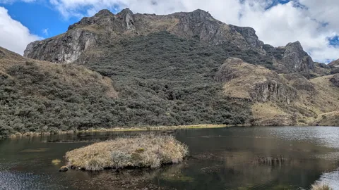 Un pequeño islote de pajonal se encuentra bajo una gran pared rocosa en Lagunas Unidas. La cumbre del fondo se mantiene sin nombre.