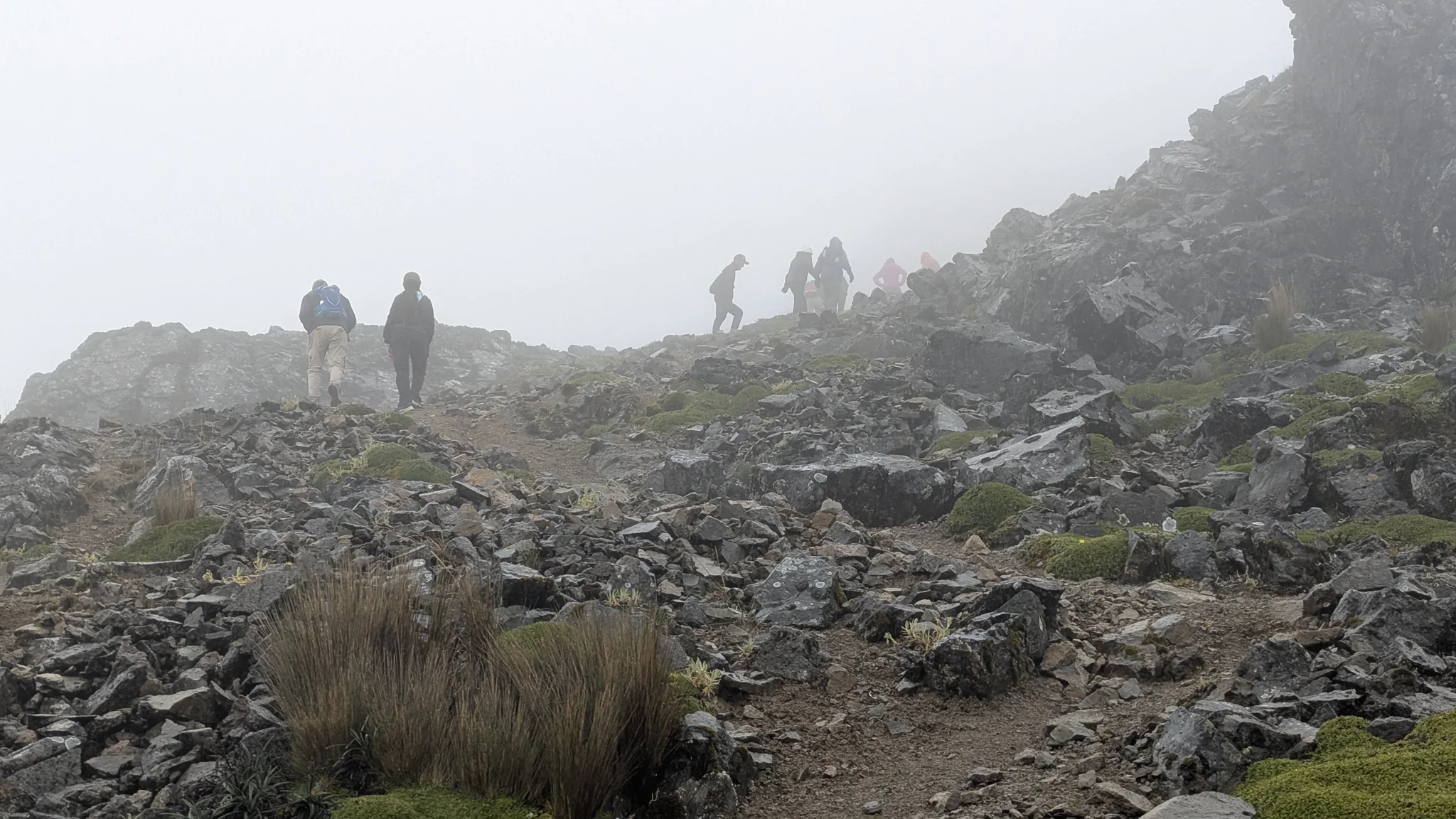 Unos caminantes avanzan entre bloques sueltos y pajonal mientras la niebla oculta las laderas del fondo.